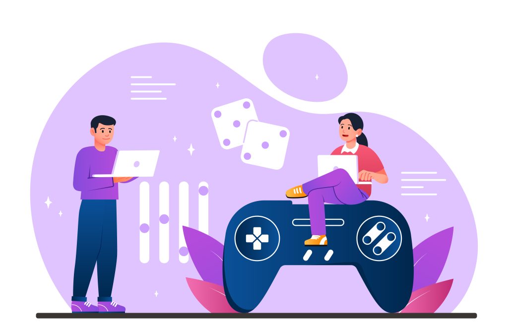 Video game development. Man and woman with laptops near joystick or controller. Programmers and IT specialists write code. Modern technologies and entertainment. Cartoon flat vector illustration