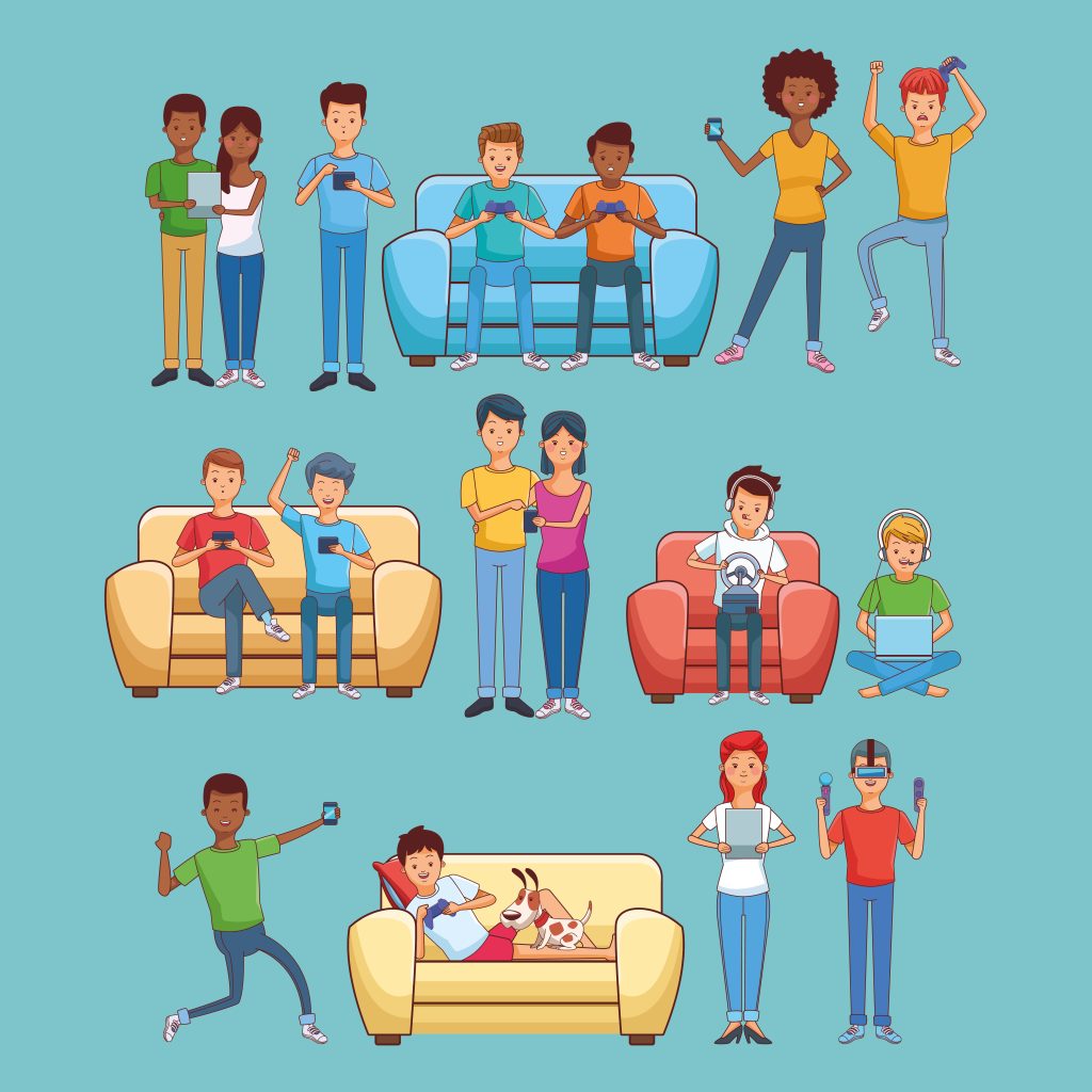 Teenagers playing videogames seated on sofa collection cartoons vector illustration graphic design vector illustration graphic design