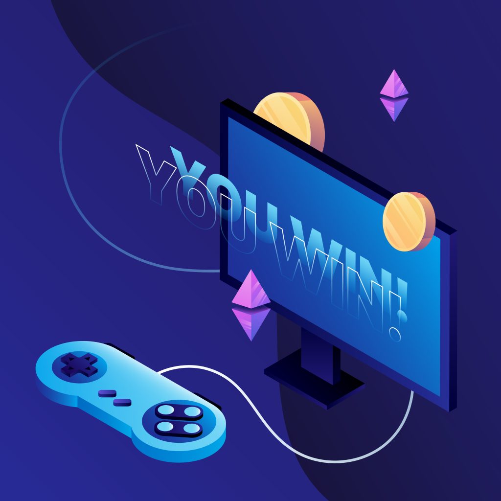 Abstract Play to Earn Illustration. Isometric Gaming Elements. Joystick, TV and Coins. Vector illustration. Convergence of Mobile Gaming and Crypto Gaming