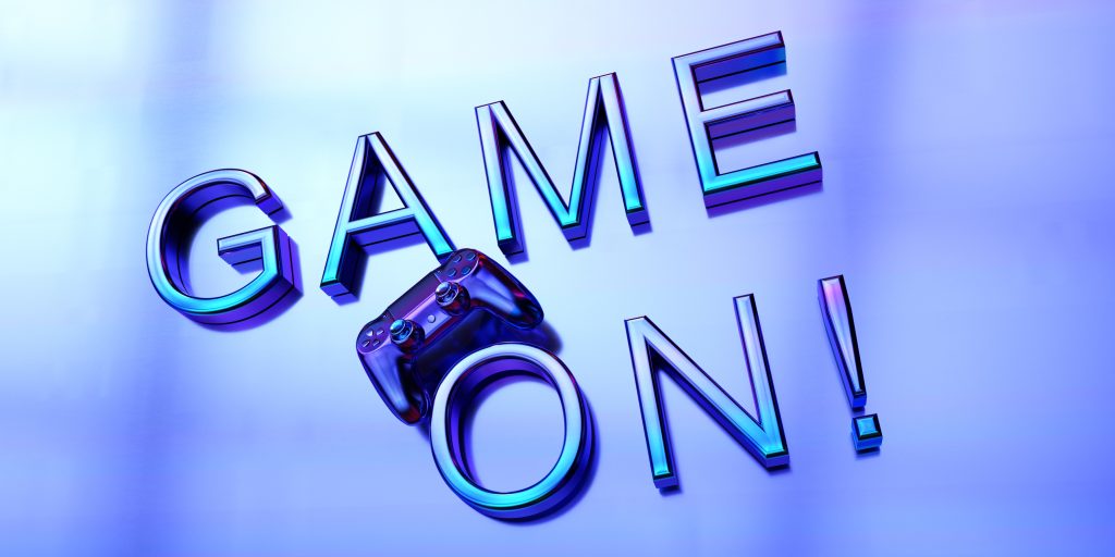 Game on font hand write lettering blue violet abstract vintage color background wallpaper logo decoration ornament joystick control interface cyber meta verse technology online digital.3d render