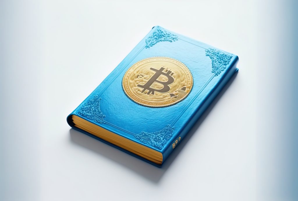 Books About Crypto.Golden bitcoin coin with the logo of the Blue Book figure on a white background.