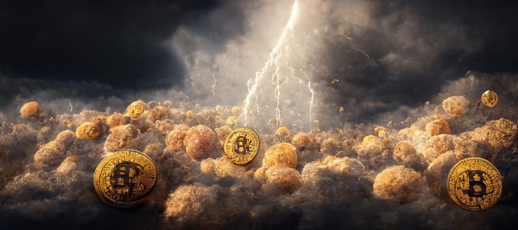 Lightning Network 3d illustration rendering of bitcoin rain and bitcoin concept falling from the sky. 