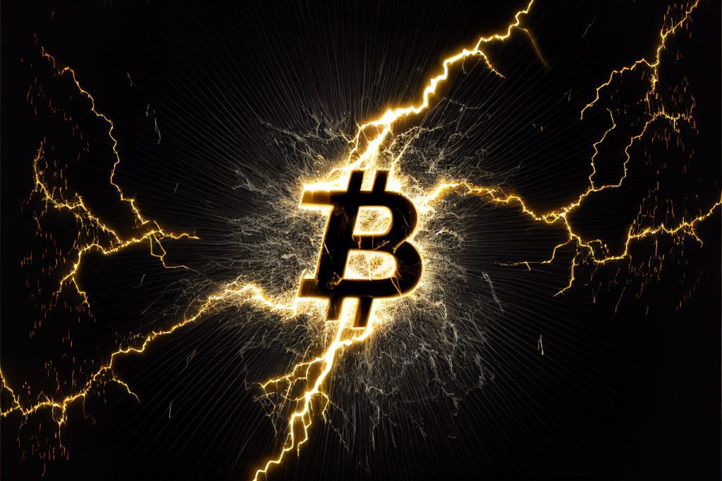 Bitcoin hit by lightning bolt as crypto crash concept of the Lightning Network