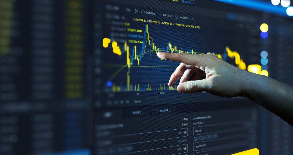 Interpreting Funding Rates: Understanding the Market Sentiments. Businessman hand analysing financial stock market graph on board. Trading data index, crypto metrics, investment growth chart. 