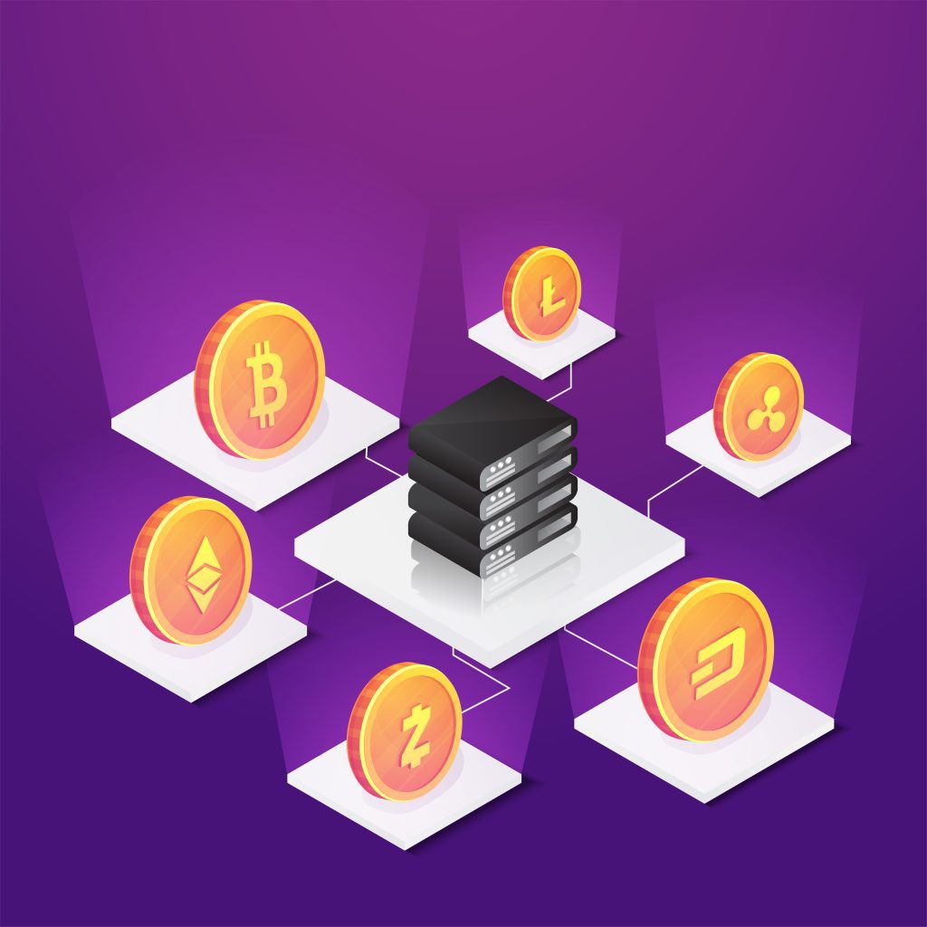 Multiple crypto coins connected from servers on purple background.