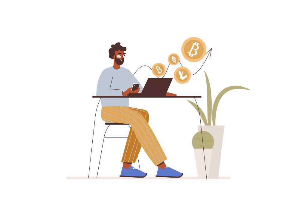 Cryptocurrency mining concept in flat design. Happy man buys cryptocurrency, invests money and increases income while sitting at laptop.