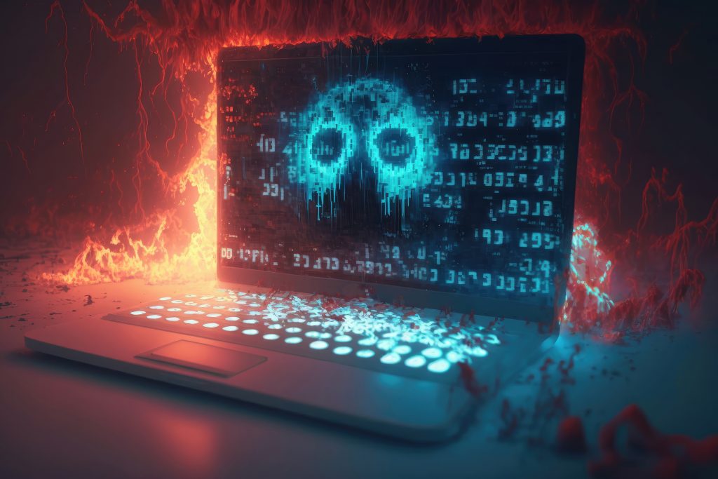 illustration of laptop with fire binary code internet Hackers cyber attack crime phishing dark net viruses hacked firewall crypto scams lost