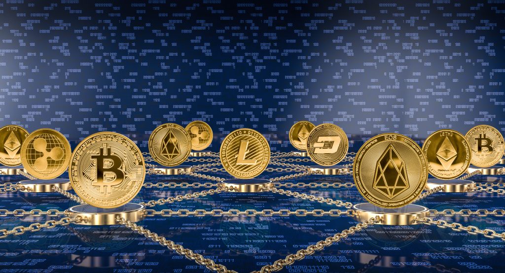 metal golden crypto coins and blockchain concept 3d rendering image