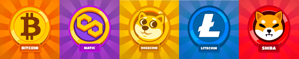 diferentes criptomonedas disponibles al jugar un juego free to earn: shib, microdogecoins, satoshi bitcoin, mati, litecoins.