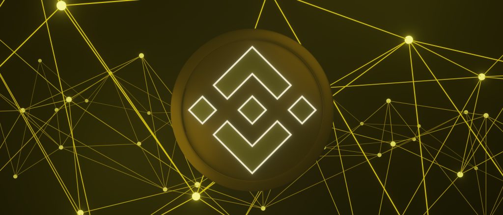 3d render of cryptocurrency Binance or BNB coins with technology network neon laser light. Cryptocurrency digital currency concept. New virtual money exchange in blockchain.