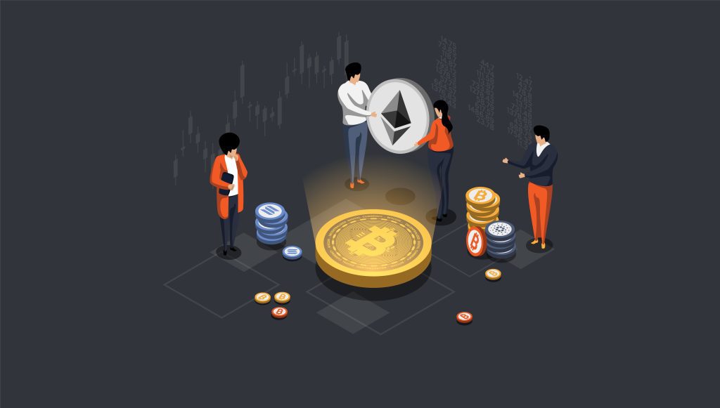 Cryptocurrency, Bitcoin And Altcoins Transaction. Blockchain Technology, Cryptocurrency mining, Digital money. Characters Making Transactions Using Digital Wallet. Isometric 3d Vector Illustration.