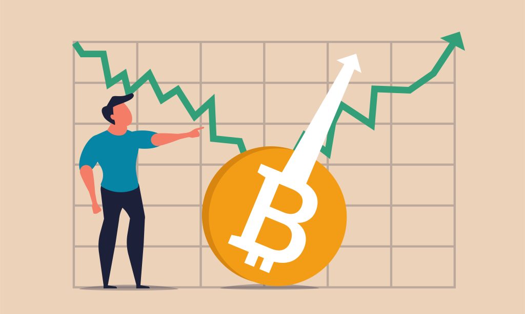 Bitcoin crypto high and rise surge symbol. Btc virtual boost business and future wealth up vector illustration concept. Network money cryptocurrency and growth graph currency. Investment market coin