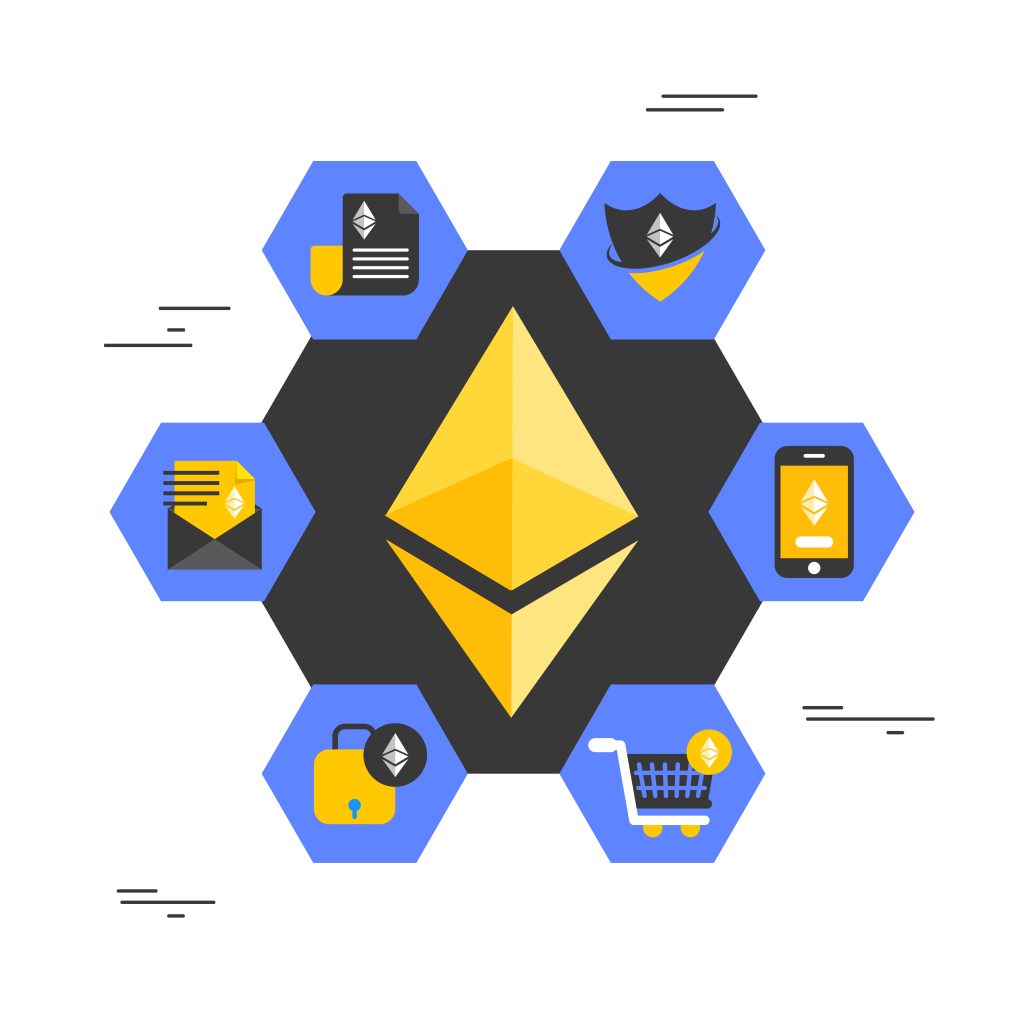 Features of the ethereum name service ENS Golden ethereum coin with multiple usages on white background.