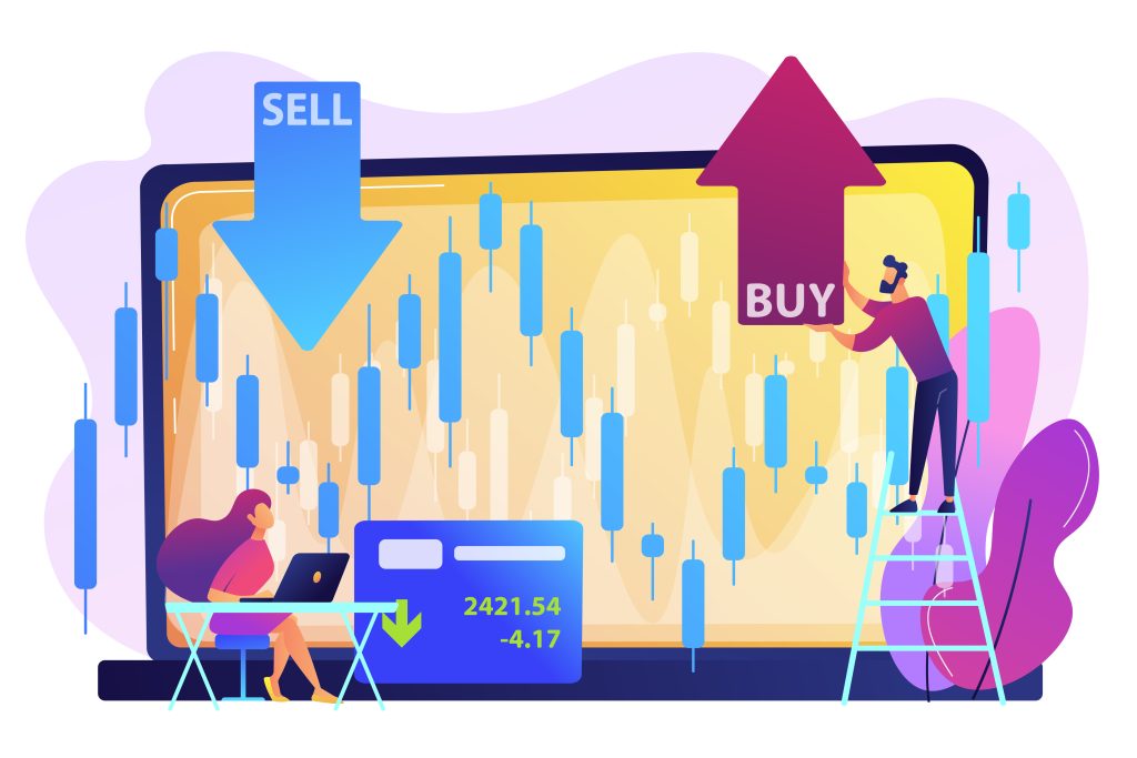 Tiny people stock traders at laptop with graph chart buy and sell shares. Stock market index, stockbroking company, stock exchange data concept. Front-Run Orders