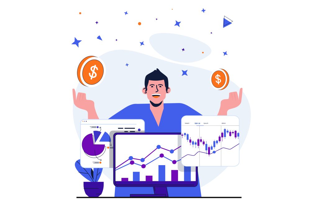 Key Components of Crypto OTC Trading. Stock market modern flat concept for web banner design. Successful trader earns money on profitable trades, analyzes financial data and statistics. 