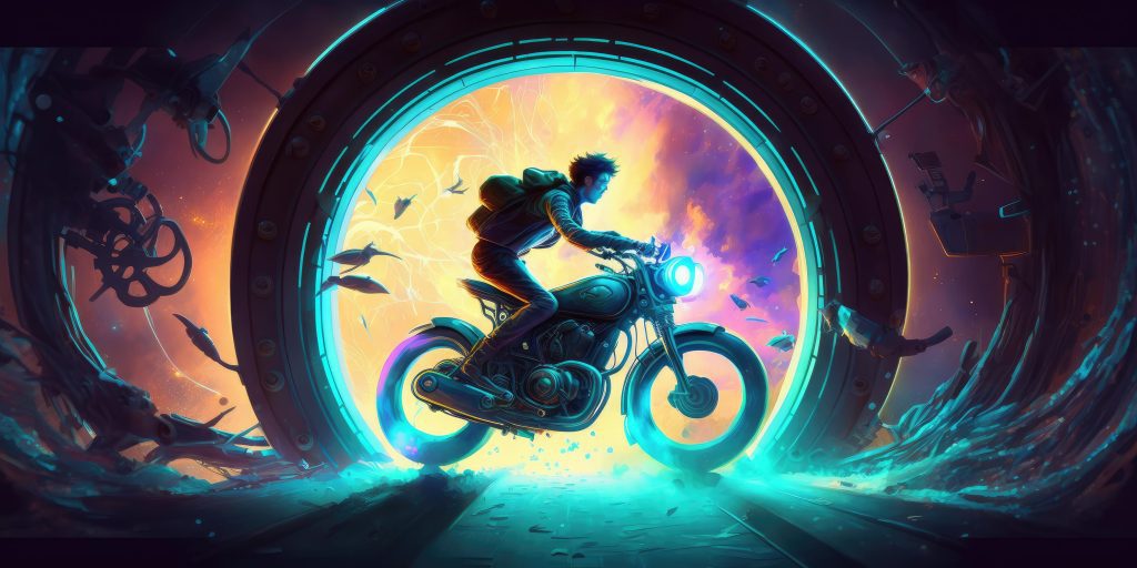 A time traveler riding motorcycle through time machine. The Evolution of the Metaverse