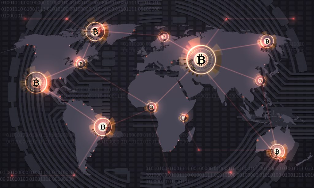 Global bitcoin. Bitcoin currency blockchain technology and world map. Crypto currency trade vector abstract background. Finance internet payment Cryptocurrencies in Remittances