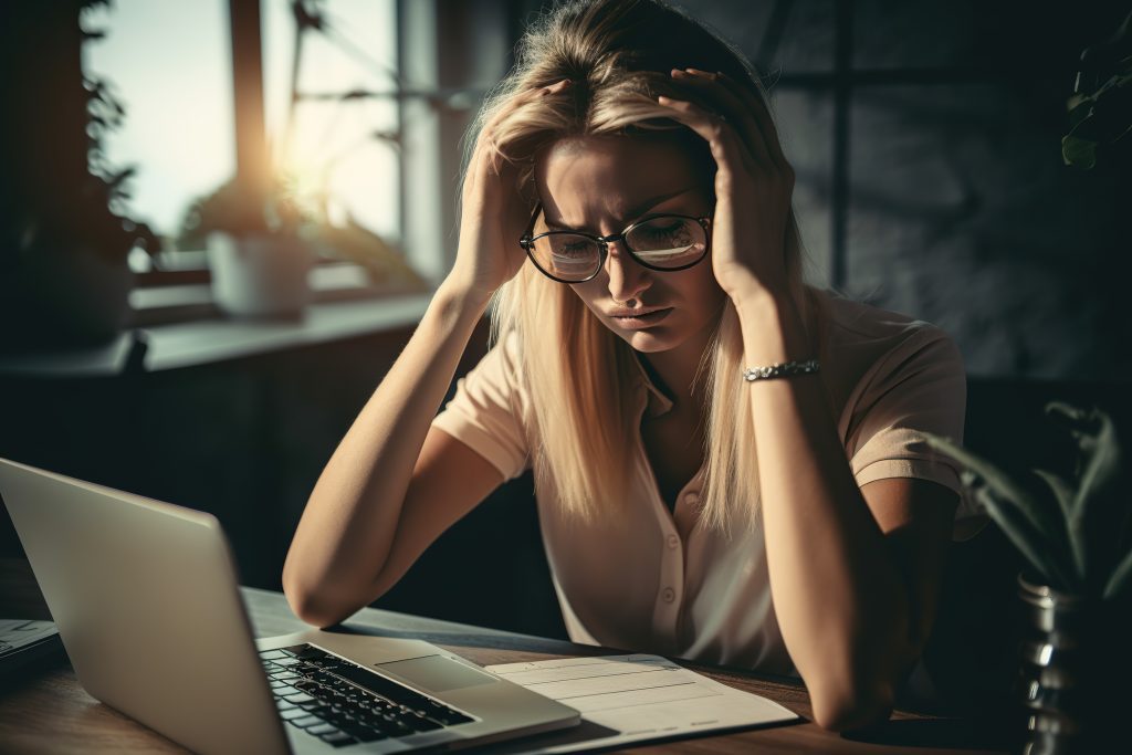 Hermosa joven mujer de negocios frotándose la cabeza y la cara, luciendo estresada, ansiosa, preocupada, abrumada porque se lo perdió. ICYMI en Criptomonedas y NFT