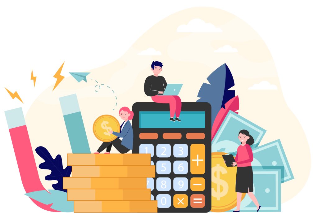 Money and income attraction. Business people working among calculator, cash and magnet. Flat vector illustration for finance, investment, loan, accounting, profit concepts