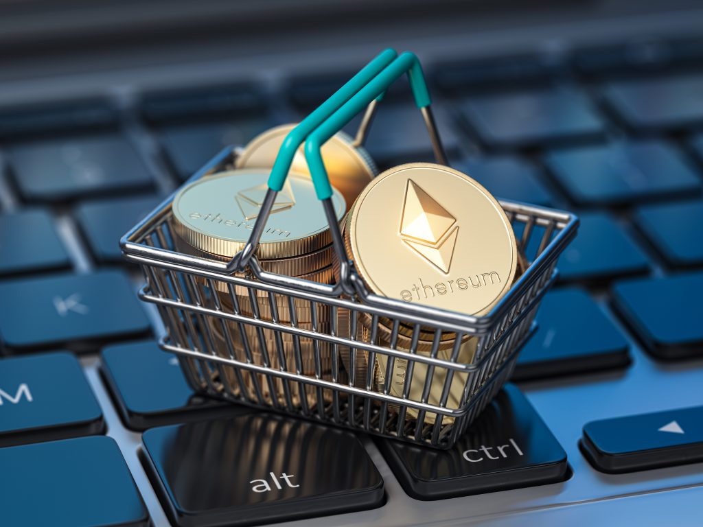 Ethereum coins in shopping basket on laptop keyboard. Ethereum wallet and payment. 3d illustration