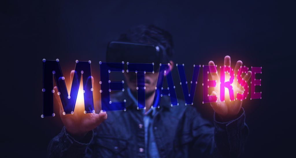 Man using VR glasses live on VR visual screen metaverse trend and technology